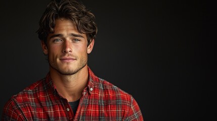 Obraz premium Young man with wavy hair in red plaid shirt against dark background