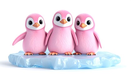 Obraz premium 3D rendered cute baby pink penguins with big eyes, soft fur, sitting on ice