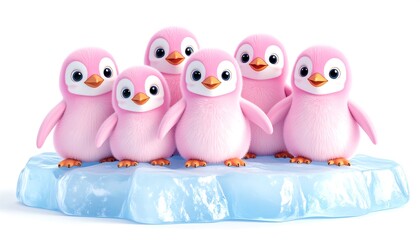 Obraz premium 3D rendered cute baby pink penguins with big eyes, soft fur, sitting on ice