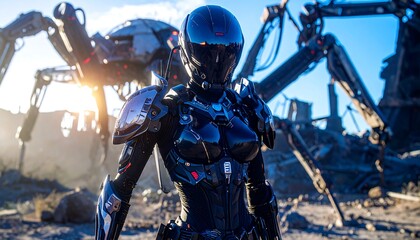 Fototapeta premium Futuristic Female Robot Warrior in Damaged Cityscape Near Giant Mech