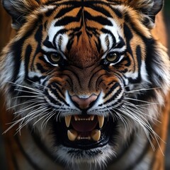 Obraz premium Close-up of an angry tiger face isolated. Head front view. Generative AI