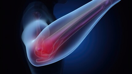 Elbow joint anatomy is displayed with emphasis on red regions representing pain, suggesting potential injuries or conditions affecting flexibility and mobility in the arm