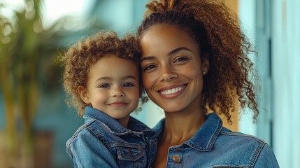 Fototapeta premium Joyful mother and daughter smiling together in denim jackets outdoors