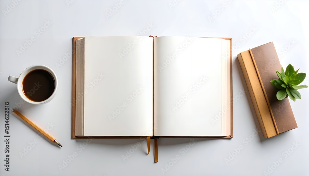 Poster overhead view of an open notebook with blank pages and a coffee cup with pencil and other stationery