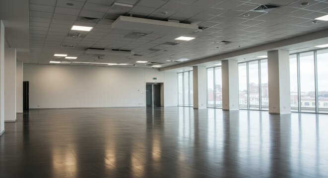 Empty Modern Office Space for Rent - Spacious, bright, modern office space with large windows and polished floors. Ideal for various businesses