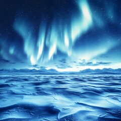 A stunning winter landscape featuring vibrant auroras illuminating the starry night sky over a serene, snow-covered terrain in cool blue tones.
