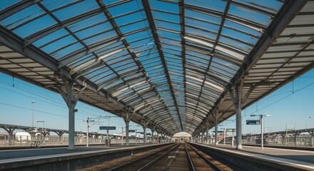 Modern Train Station Platform with Glass Roof and Steel Structure