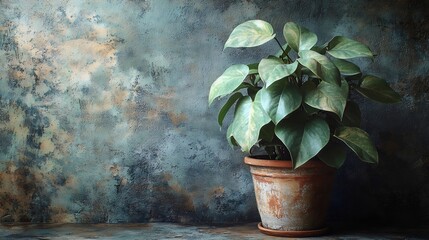 A thriving green pothos plant in a rustic terracotta pot, set against a textured blue and brown backdrop, creating a serene atmosphere that enhances the natural beauty of the foliage.