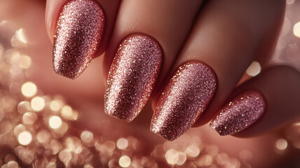 Rose gold to pink glitter gradient oval nails on a glamorous female hand