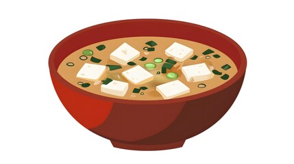 A bowl of miso soup with tofu and scallions, isolated, no text or logo