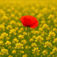 Obraz premium Vivid Red Poppy Amidst Vibrant Yellow Flower Field in Bloom.Vivid Red Poppy Amidst Vibrant Yellow Flower Field in Bloom..