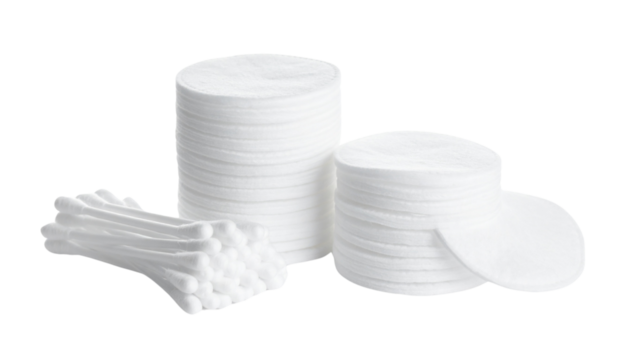 Cotton pads and swabs stacked together on a white background, showcasing essential beauty and personal care items for skincare routines and makeup application isolated on solid white background Png