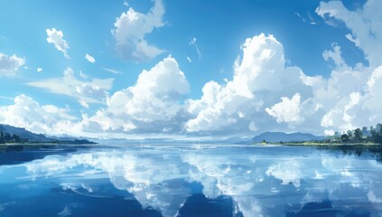 Naklejka premium Serene lake landscape, fluffy clouds reflected