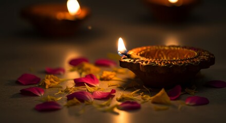 Illuminated Tradition: Diya Lamp Glow and Blossoms - A glowing diya lamp amidst scattered flower petals symbolizes hope, peace, light, celebration