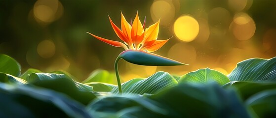 A vibrant orange bird of paradise flower stands tall amidst lush green leaves, illuminated by warm golden sunlight, creating a serene and enchanting atmosphere.