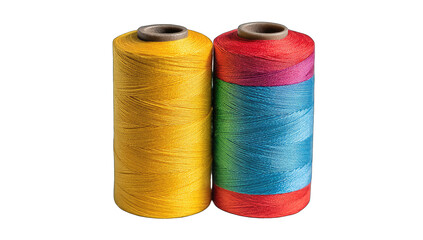 Two spools of thread, one yellow, the other multicolored with red, blue, and green sections, sit side-by-side against a black background.  The thread is tightly wound