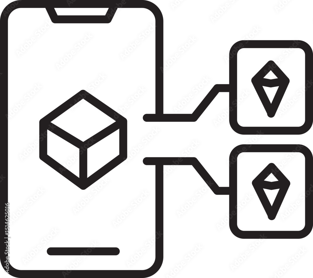 Poster smartphone screen displays 3d cube icon, with two location pins branching out, symbolizing augmented