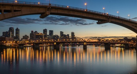 Cityscape at Dusk Bridges and Skyline Reflected in Calm Water