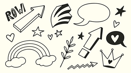A collection of hand-drawn doodles including arrows, hearts, stars, speech bubbles, a rainbow, and a crown, all in a simple black and white style.