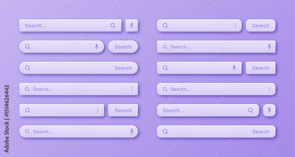 Poster Colorful 3d search bar templates. Internet browser engine with search box, address bar and text field. UI design, website interface element with web icons and push button. Vector illustration