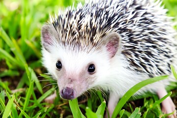 Naklejka premium Hedgehog curiously exploring within green grass