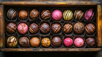 Obraz premium A rustic wooden box filled with assorted chocolate bonbons, colorful, unique and handmade. The flat lay presentation is perfect for branding, product showcases or romantic gifts or posters.