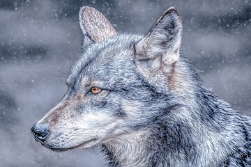 Wolf portrait in falling winter snow