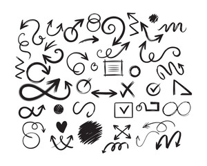 A collection of various hand-drawn arrows, symbols, and design elements in black ink on a white background.
