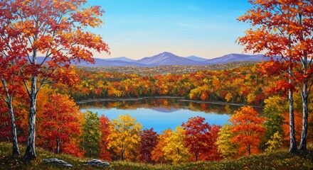 Obraz premium Serene Autumn Lake and Mountains - Tranquil autumn scene, colorful foliage, reflecting lake, majestic mountains, peaceful atmosphere. Symbolizing serenity, beauty, change, reflection