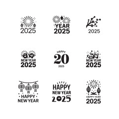 set features a collection of simple, black-and-white, line-style icons designed for 2026 Happy New Year celebrations.
