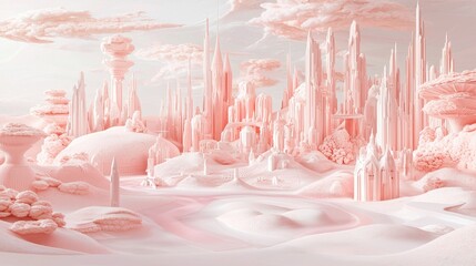 Fototapeta premium A candy-colored, fantastical city nestled in a pink landscape.