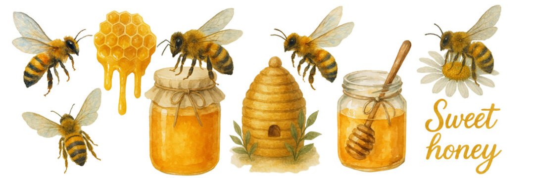 Vector freehand watercolor honey clipart with bees, a beehive, honeycombs, jars of honey. Hand drawn beekeeper. For brand design, packaging, postcards, logo