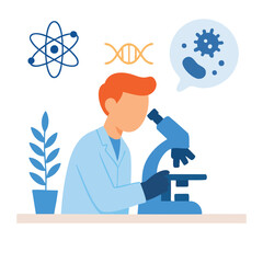 Flat Detailed Scientist Observing Through Microscope Medical Science Illustration