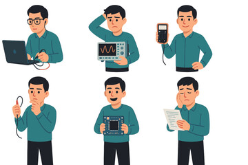 Flat vector illustration of computer engineer in six emotions using electronic tools like logic analyzer, oscilloscope, multimeter, debugging probe, FPGA board, and microcontroller code