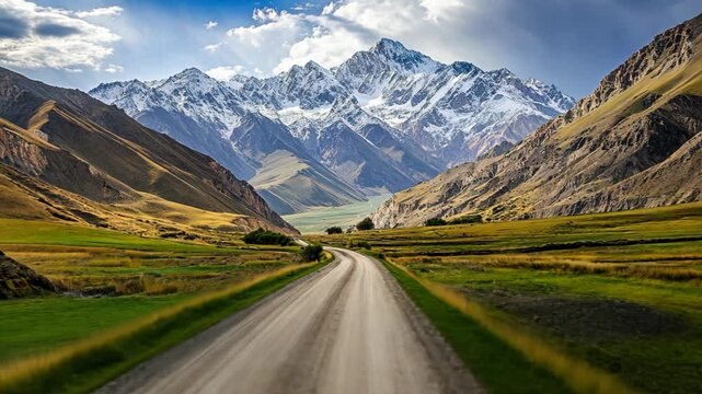 beautiful peaceful nature mountainous landscape along the country road, snow cap mountains as far sight 