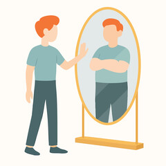 Flat Illustration Man Looking At Himself In the Mirror Reflection