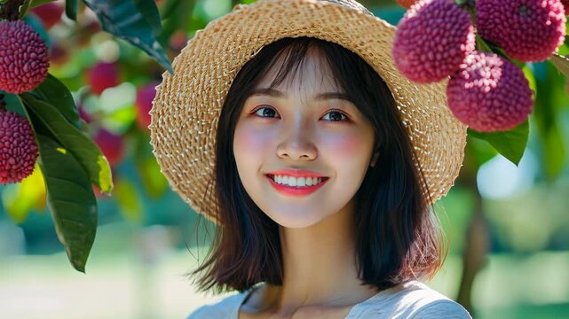 pretty young Japanese woman wearing woven hat  standing under fruitful lychee tree at fruit orchard plantation