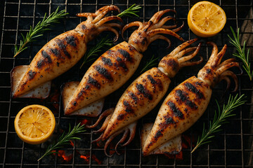 AI generated top view of whole squid grilled on charcoal with rosemary and lemon using natural light and rich smoky texture