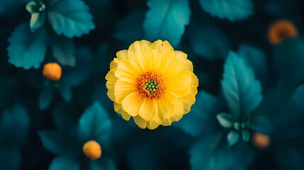 Vibrant Yellow Flower Closeup Teal Leaf Background