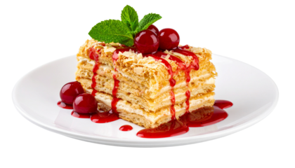 Napoleon pie with cherries and berry sauce on a white plate isolated on solid white background  Png format