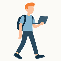 Flat Style Full Body Student Walking with Laptop Illustration