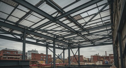 Naklejka premium Steel Structure Construction Site View - Steel framework of a building under construction, viewed from below, against an overcast sky and cityscape backdrop