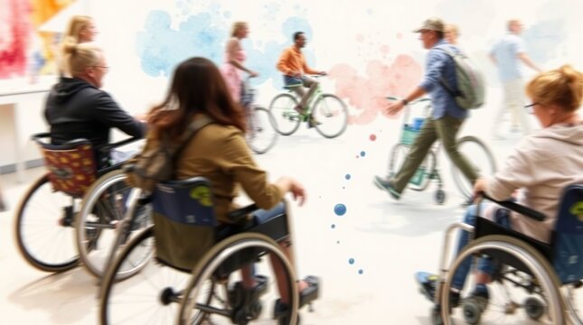 Diverse crowd inside a building, people in wheelchairs and others on bikes blur by