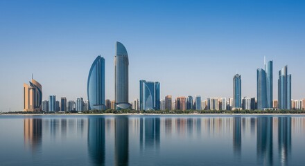 Obraz premium Stunning Cityscape Skyline Reflection - Breathtaking panoramic view of a modern city skyline reflected in calm water, showcasing sleek skyscrapers under a clear blue sky