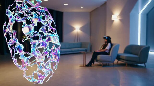 Woman interacting with vibrant, morphing digital shapes through virtual reality headset, bridging physical and digital experiences with cutting edge technology