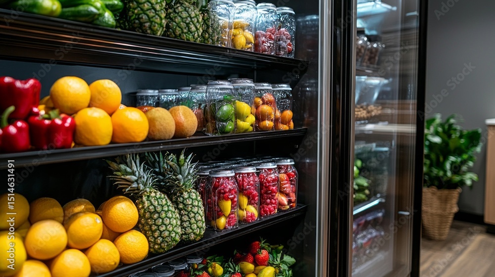 Poster packages filled with vibrant fresh fruits are neatly arranged on shelves, with colorful jars of pres