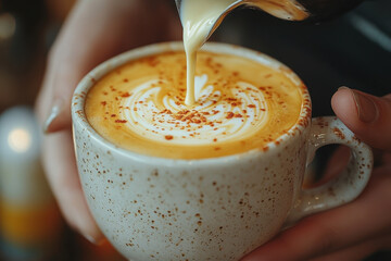 Person pouring milk into coffee cup.