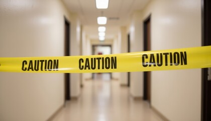 Yellow caution tape blocking hallway with empty doors on either side  