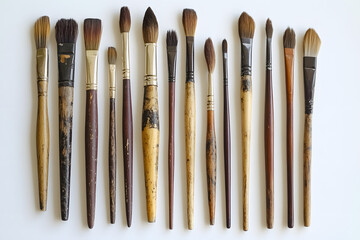 A set of assorted artist's paintbrushes arranged neatly on a white surface, featuring various shapes and sizes including flat, round, isolate on a white background.