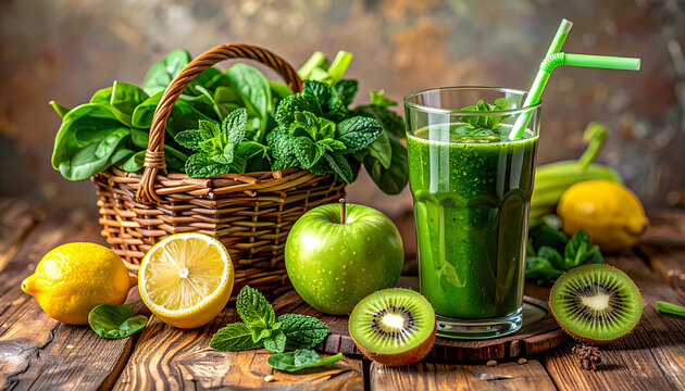 Un sano batido verde de frutas y verduras rico en vitaminas para alimentaci&oacute;n y dieta de adelgazamiento en un vaso de cristal sobre una mesa de madera